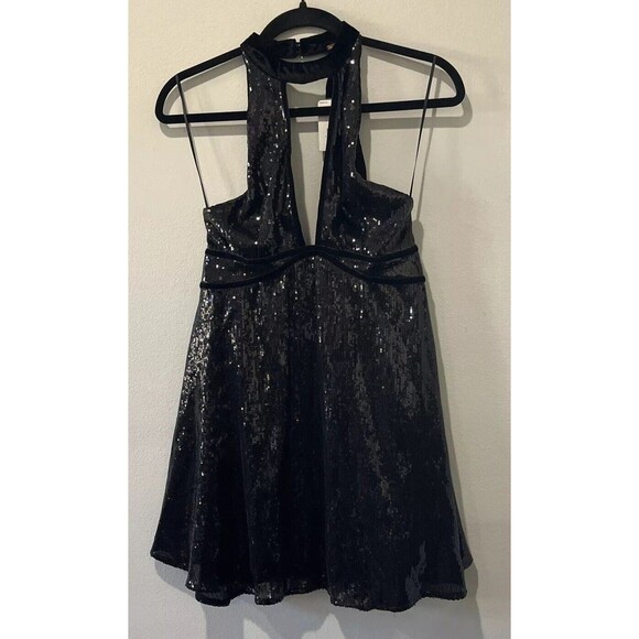 Free People Sequin Dress Women’s 4 Film Noir Halter Black Mini Holiday Cocktail - Picture 1 of 10